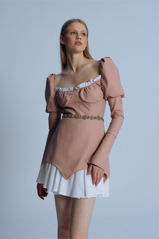 LEATHER SHORT DRESS WITH PINK TIP PLY BALLOON SLEEVES - 3