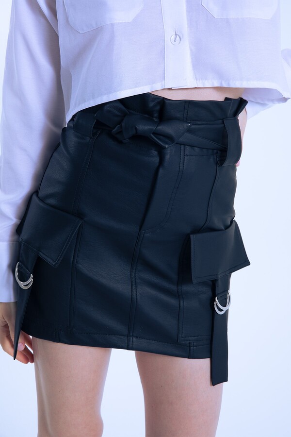 BROWN D BUCKLE POCKET HIGH WAIST LEATHER MINI SKIRT - 2