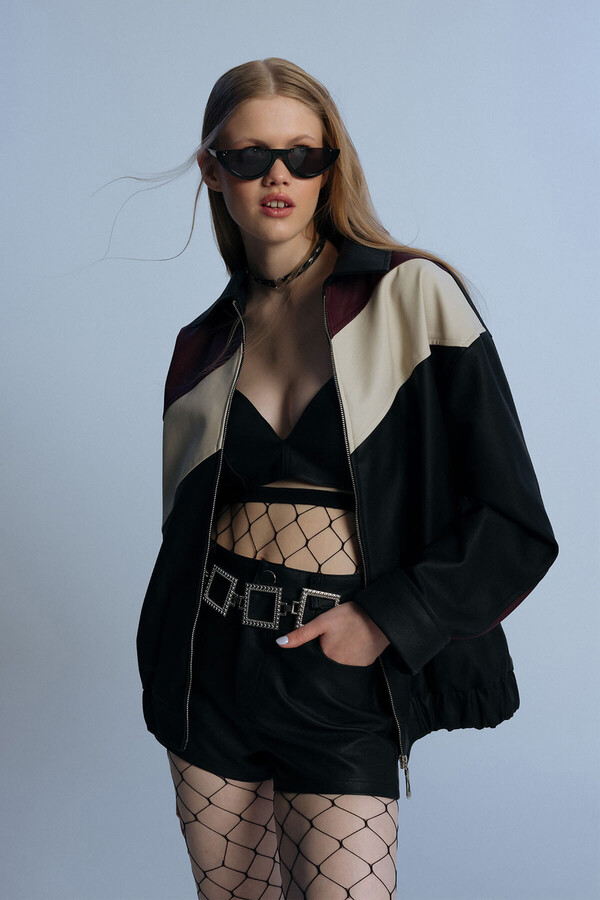 BLACK LEATHER 3 COLOR STRIPED OVERSIZED JACKET - 3