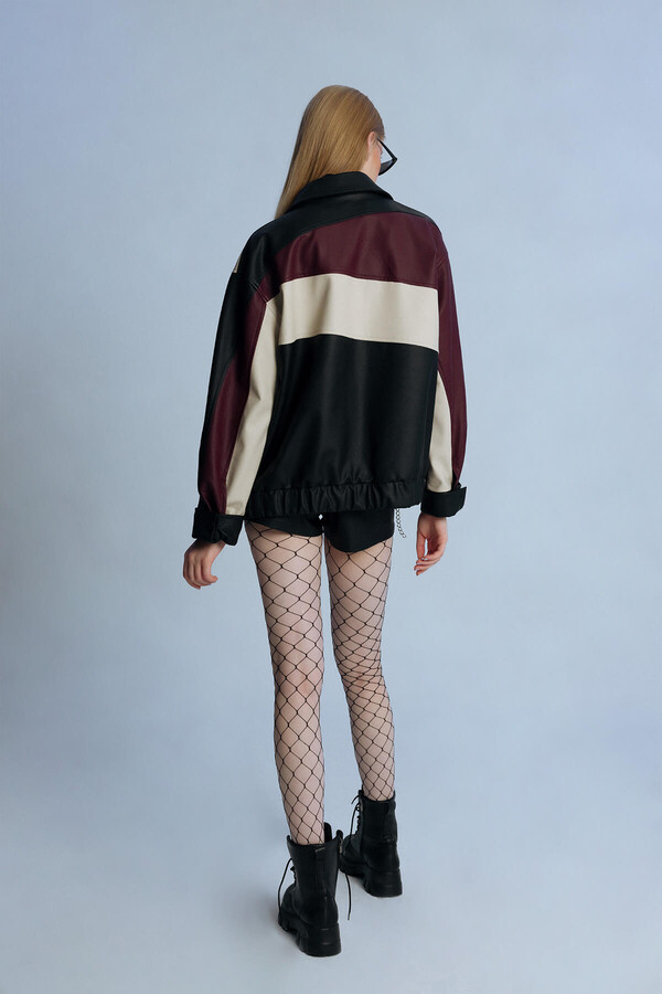 BLACK LEATHER 3 COLOR STRIPED OVERSIZED JACKET - 4