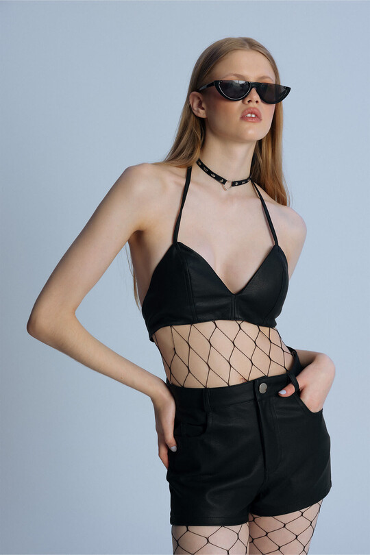 BLACK SHORT TRIANGLE LEATHER BUSTIER - Thumbnail
