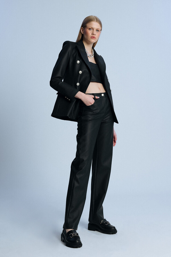 BLACK FLAT LEG LEATHER TROUSERS - 3