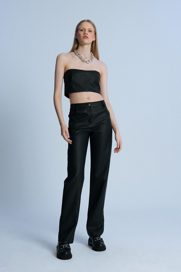 BLACK FLAT LEG LEATHER TROUSERS - 2