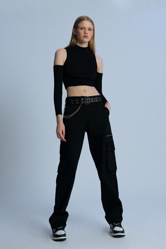 BLACK ZIPPER DETAILED LOW WAIST OVERSIZED TROUSERS - 1