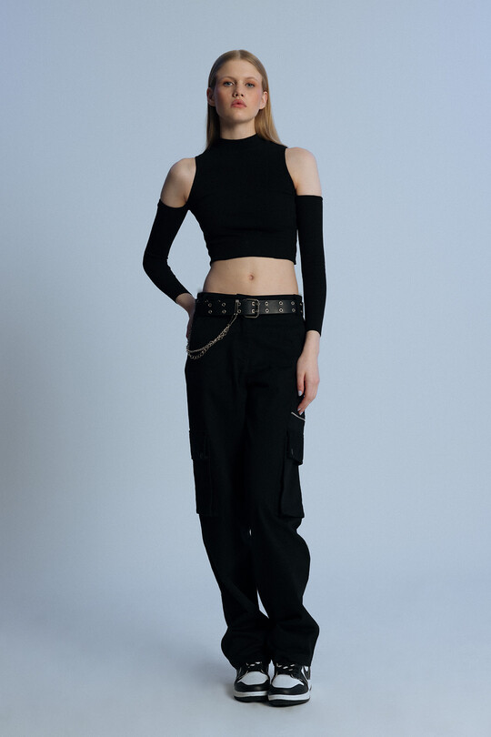 BLACK ZIPPER DETAILED LOW WAIST OVERSIZED TROUSERS - 2