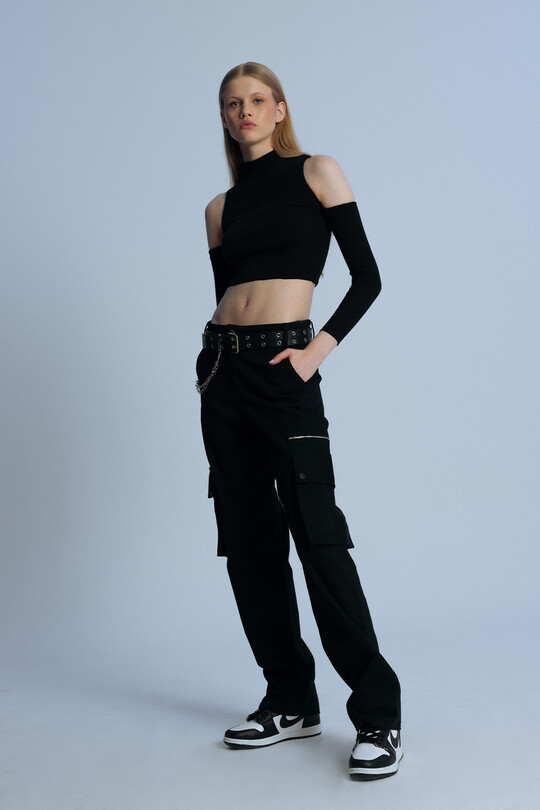 BLACK ZIPPER DETAILED LOW WAIST OVERSIZED TROUSERS - 3