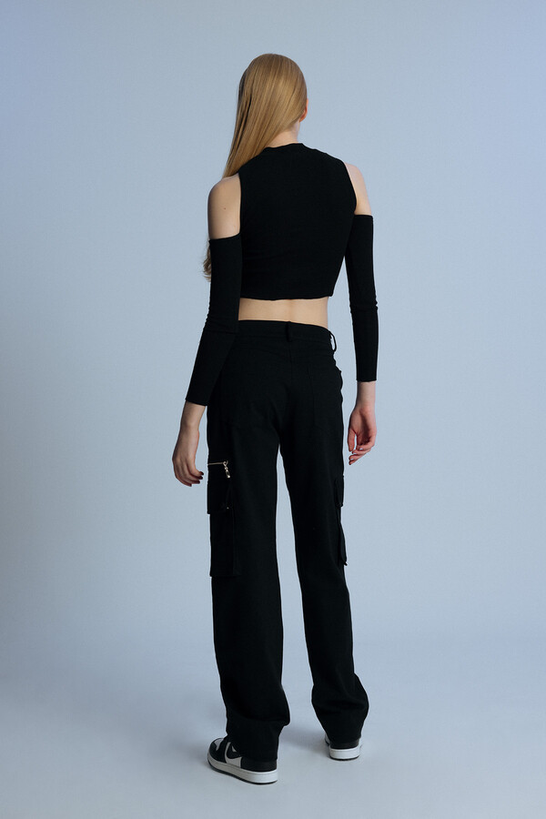 BLACK ZIPPER DETAILED LOW WAIST OVERSIZED TROUSERS - 5