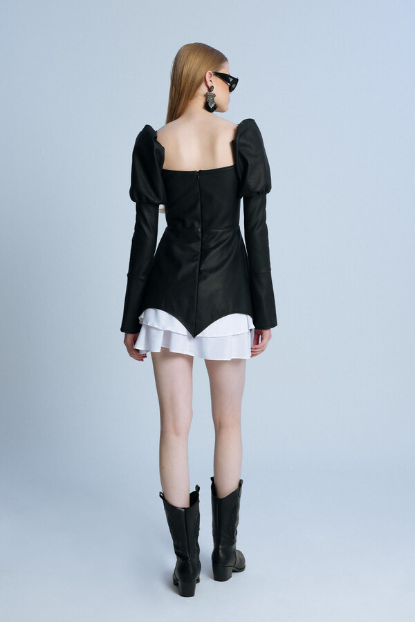 BLACK LEATHER SHORT DRESS WITH BALLOON SLEEVES - 5