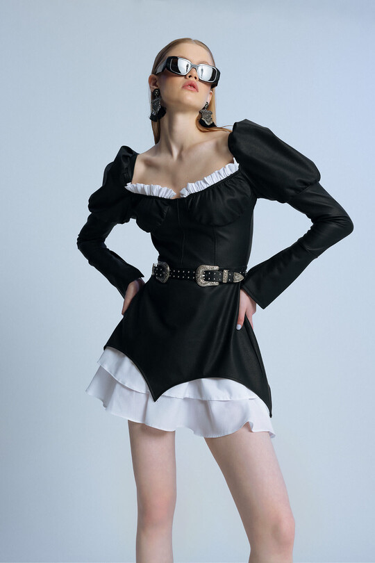 BLACK LEATHER SHORT DRESS WITH BALLOON SLEEVES - 2