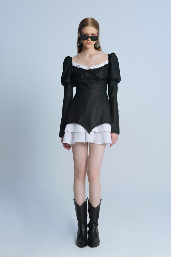 BLACK LEATHER SHORT DRESS WITH BALLOON SLEEVES - 4