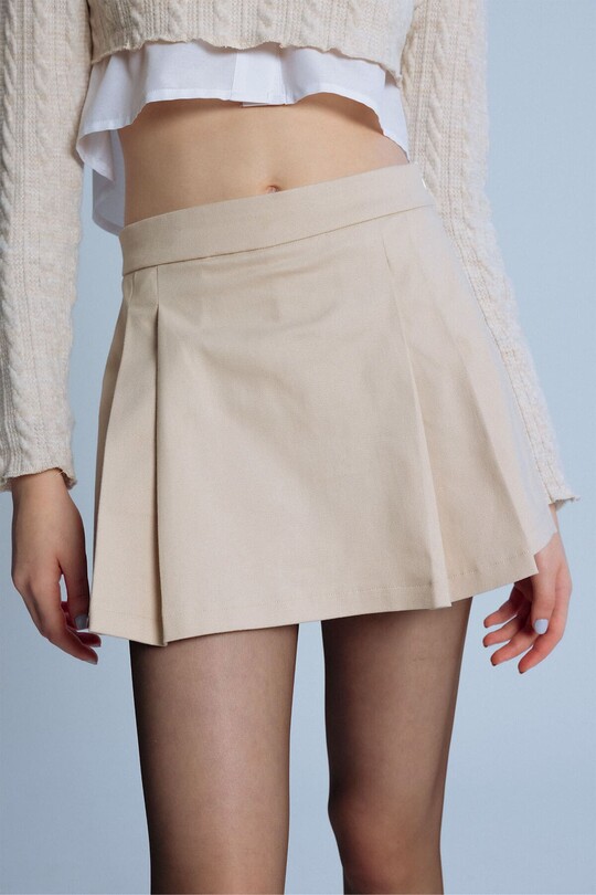 MINK FRONT PLEATED LOW WAIST BACK SHORTS SKIRT - Thumbnail