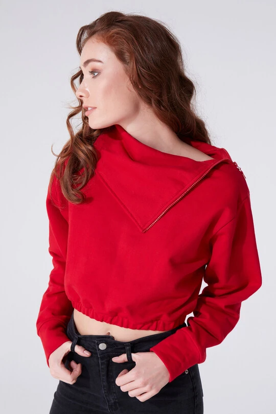 ZIPPERED NECK RUBBER HIGH NECK SWEAT WITH WAIST 