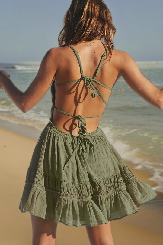 KHAKI OPEN BACK MINI DRESS WITH STRAP DETAIL - 2