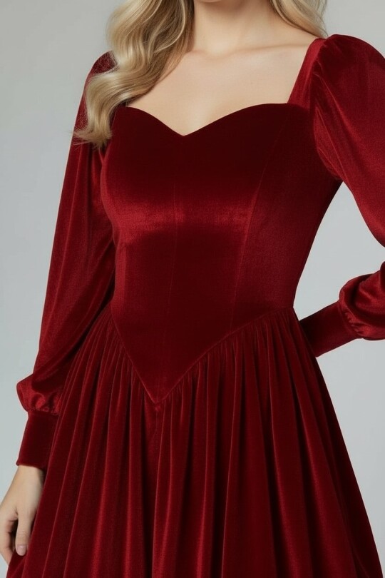 KIRMIZI BALON KOLLU KADİFE MİNİ ELBİSE - 3