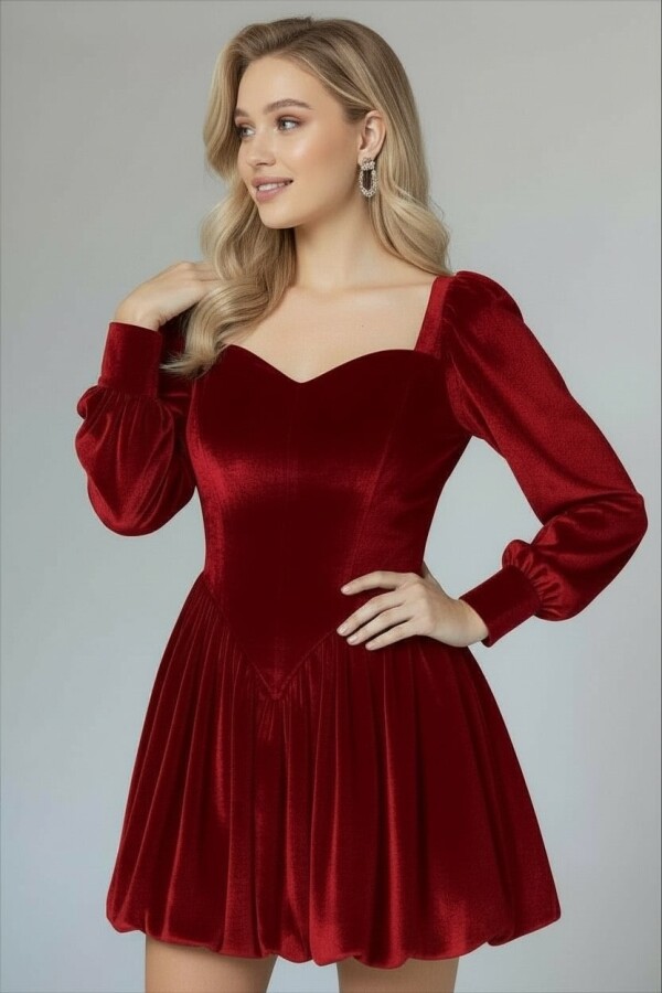 KIRMIZI BALON KOLLU KADİFE MİNİ ELBİSE - 4