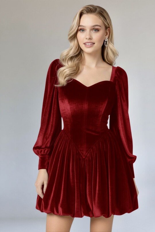 KIRMIZI BALON KOLLU KADİFE MİNİ ELBİSE - 5