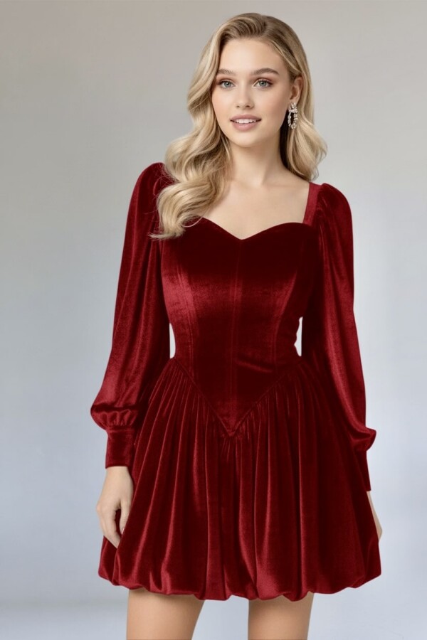 KIRMIZI BALON KOLLU KADİFE MİNİ ELBİSE - 5