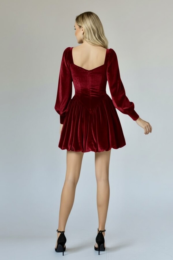 KIRMIZI BALON KOLLU KADİFE MİNİ ELBİSE - 6