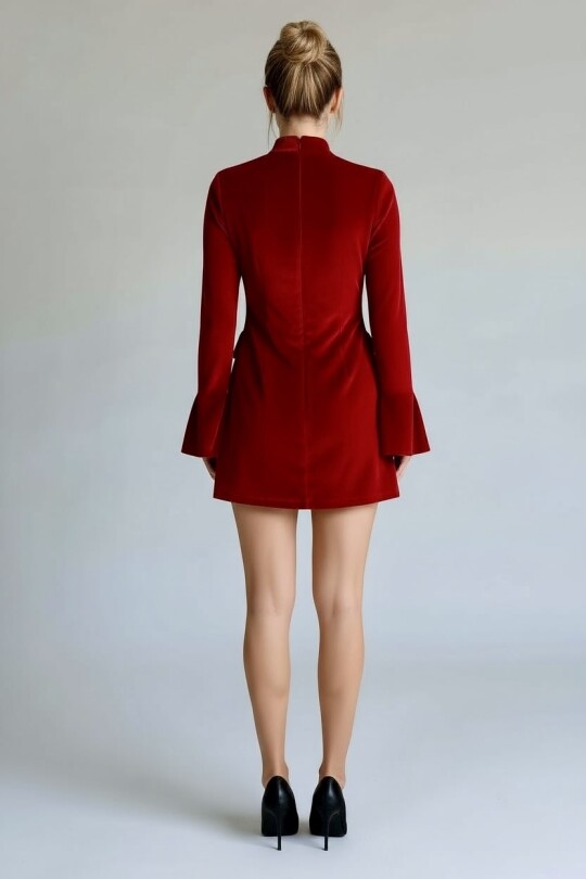 KIRMIZI UZUN KOLLU CEP DETAYLI KADİFE ELBİSE - 7