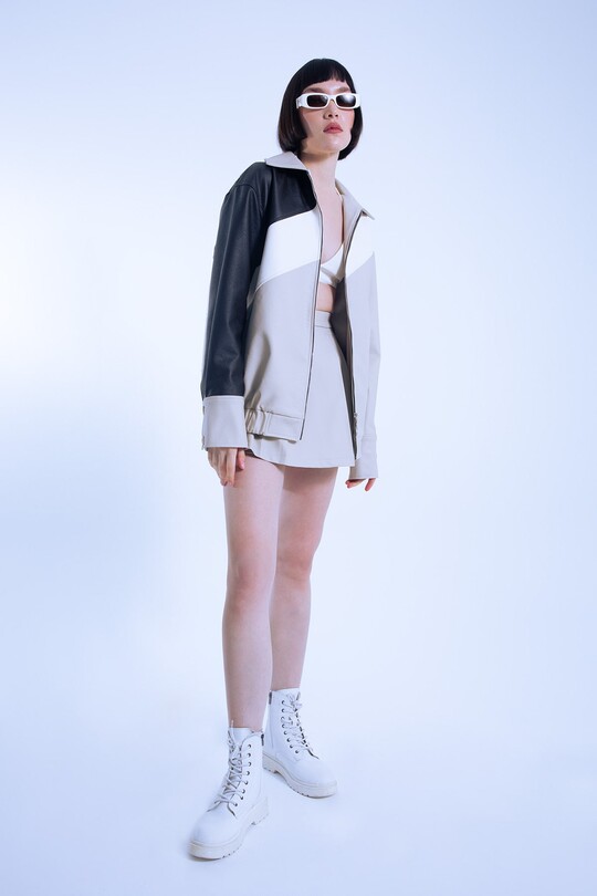 OVERSIZED JACKET WITH MINK LEATHER 3 COLOR STRIPING 