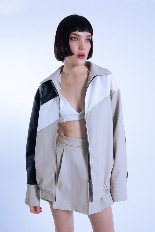 OVERSIZED JACKET WITH MINK LEATHER 3 COLOR STRIPING - 3