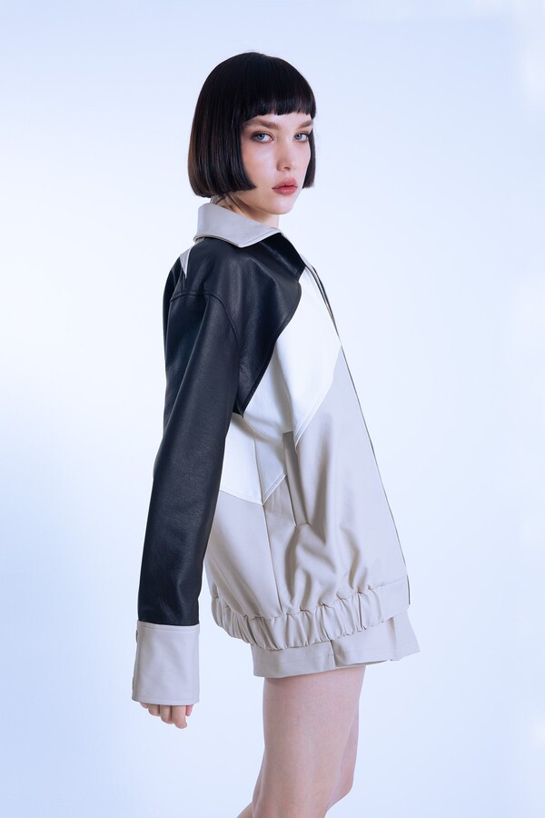 OVERSIZED JACKET WITH MINK LEATHER 3 COLOR STRIPING - 4