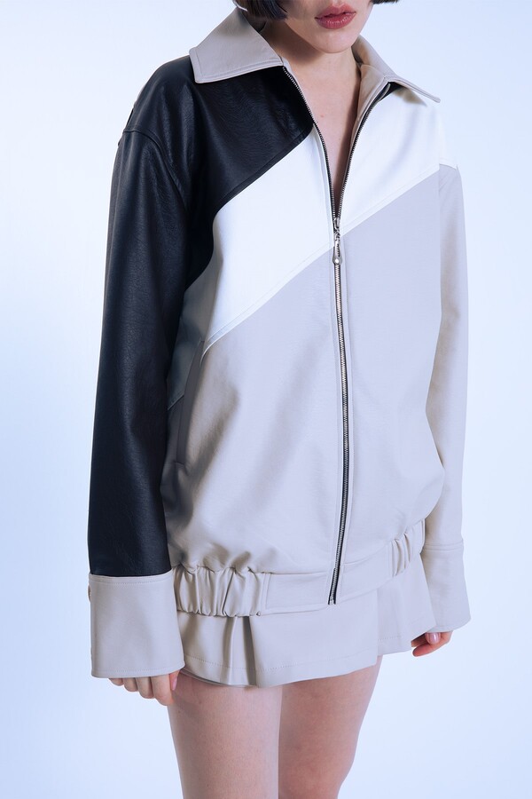 OVERSIZED JACKET WITH MINK LEATHER 3 COLOR STRIPING - 5