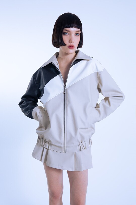 OVERSIZED JACKET WITH MINK LEATHER 3 COLOR STRIPING - 6