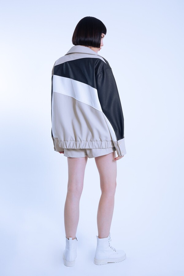 OVERSIZED JACKET WITH MINK LEATHER 3 COLOR STRIPING - 7