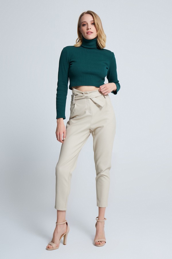 LEATHER BELTED HIGH WAIST CARROT PANTS - 1
