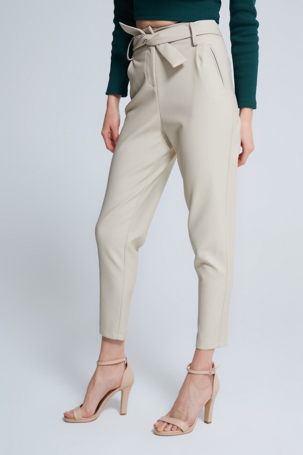 LEATHER BELTED HIGH WAIST CARROT PANTS - 2