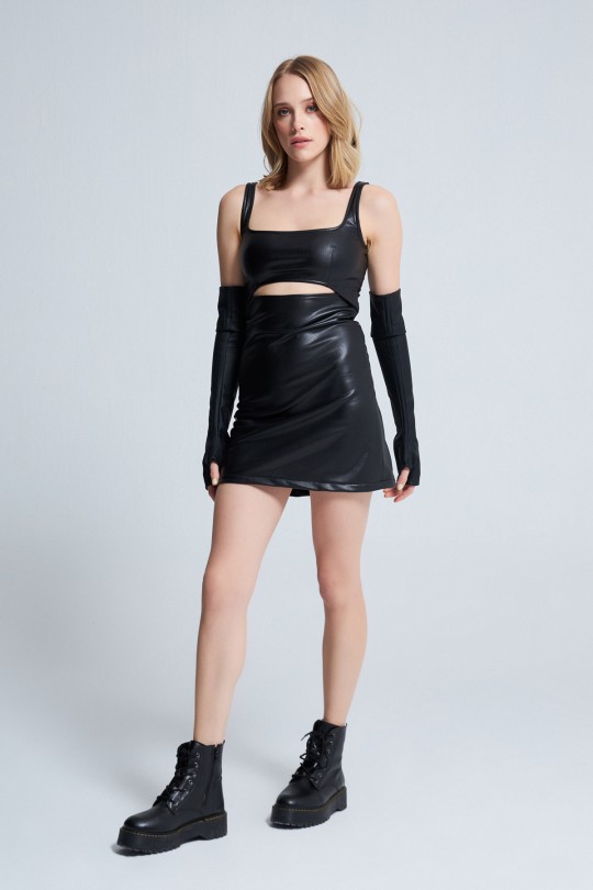  LEATHER BUST DETAILED DRESS BLACK - Thumbnail