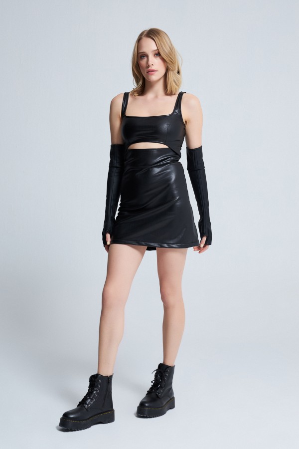  LEATHER BUST DETAILED DRESS BLACK - 1