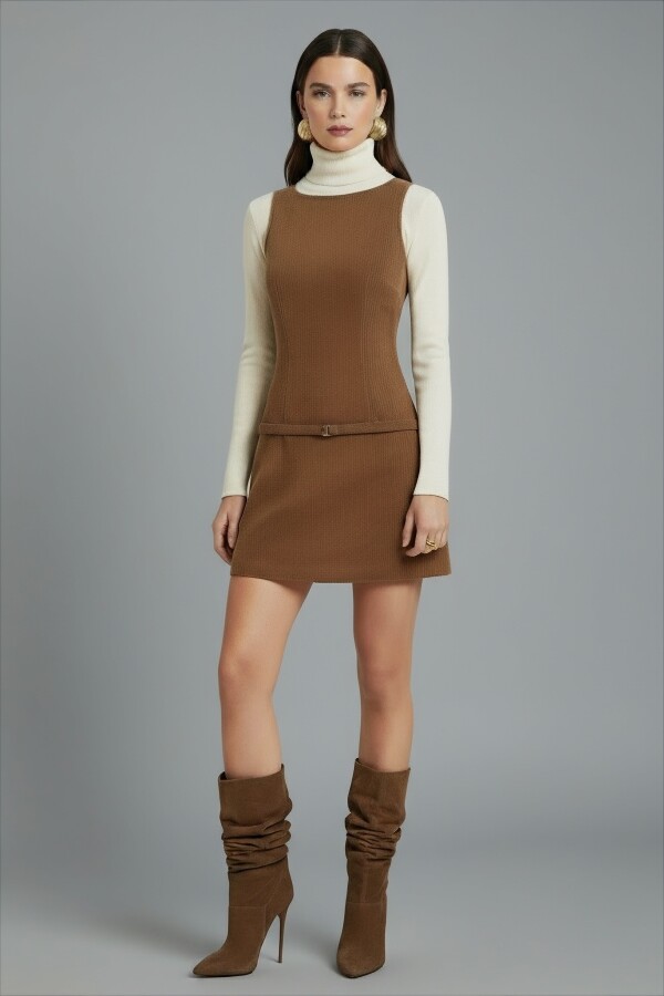 LIGHT BROWN BELT-DETAILED MINI DRESS - 1