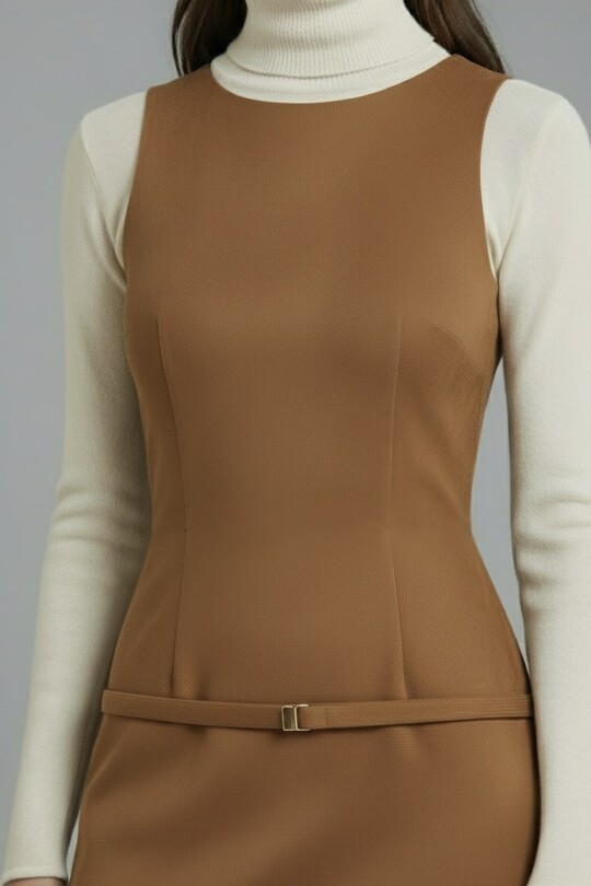LIGHT BROWN BELT-DETAILED MINI DRESS - 3