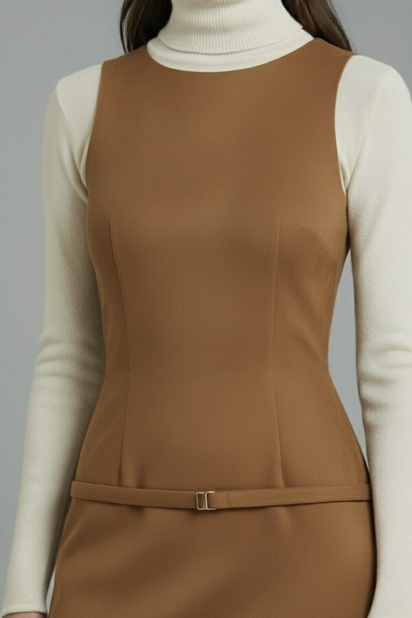 LIGHT BROWN BELT-DETAILED MINI DRESS - 3