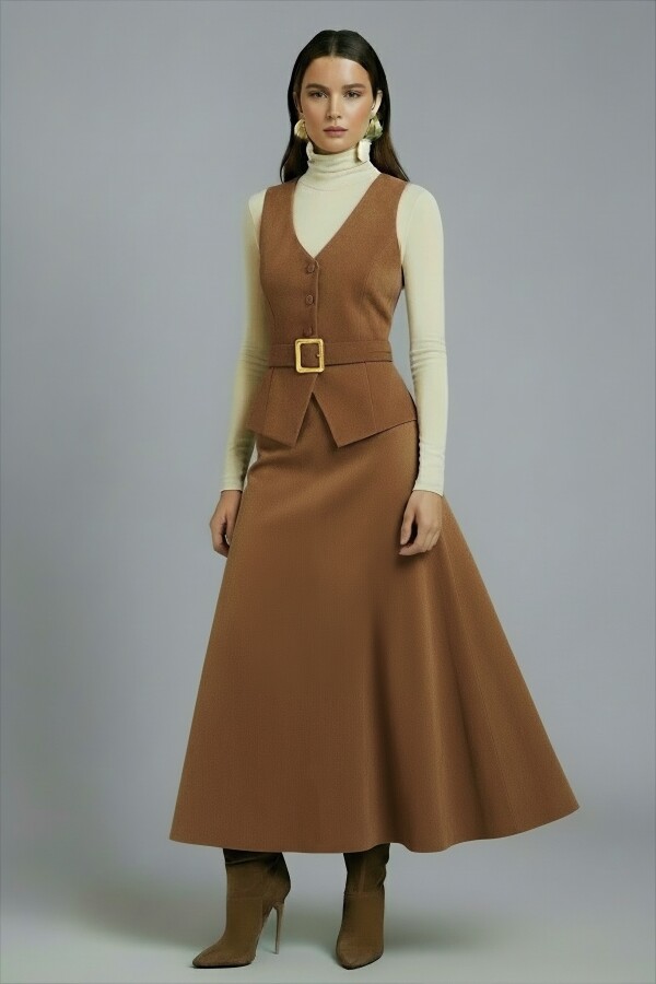 LIGHT BROWN FLOUNCED MIDI LENGTH SKIRT - 4