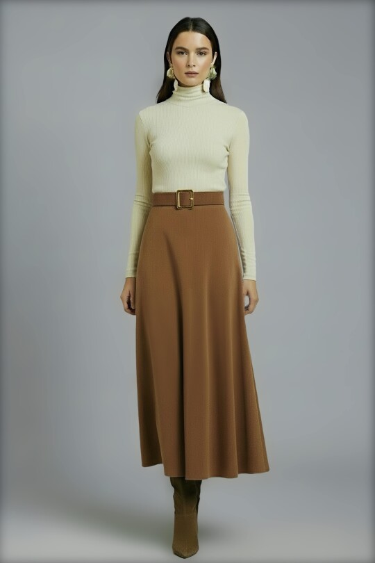 LIGHT BROWN FLOUNCED MIDI LENGTH SKIRT - 2