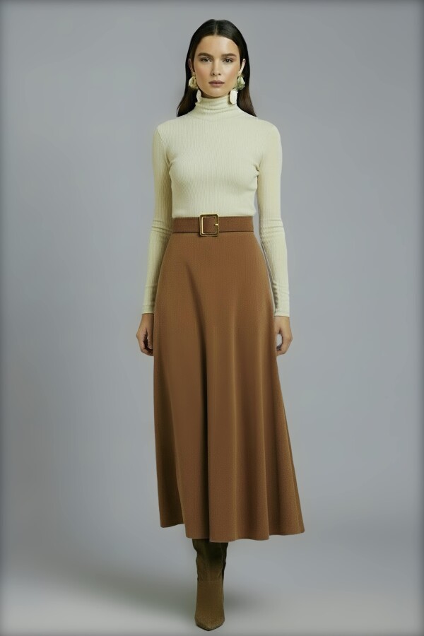 LIGHT BROWN FLOUNCED MIDI LENGTH SKIRT - 2