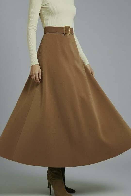 LIGHT BROWN FLOUNCED MIDI LENGTH SKIRT - 3