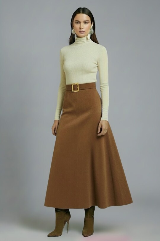 LIGHT BROWN FLOUNCED MIDI LENGTH SKIRT - 1