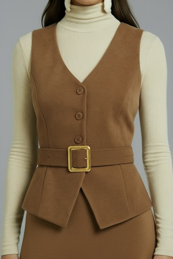 LIGHT BROWN V-NECK FITTING VEST - 2