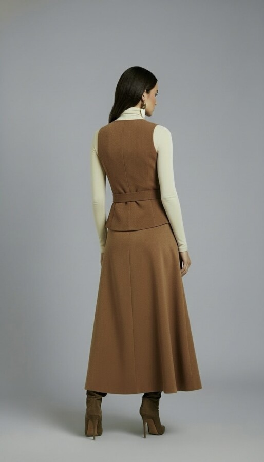 LIGHT BROWN V-NECK FITTING VEST - 3