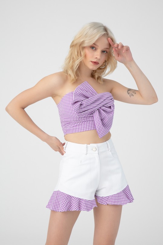 Lila karierter Crop-Top mit Schleifendetail vorne und elastischem Rücken - 2