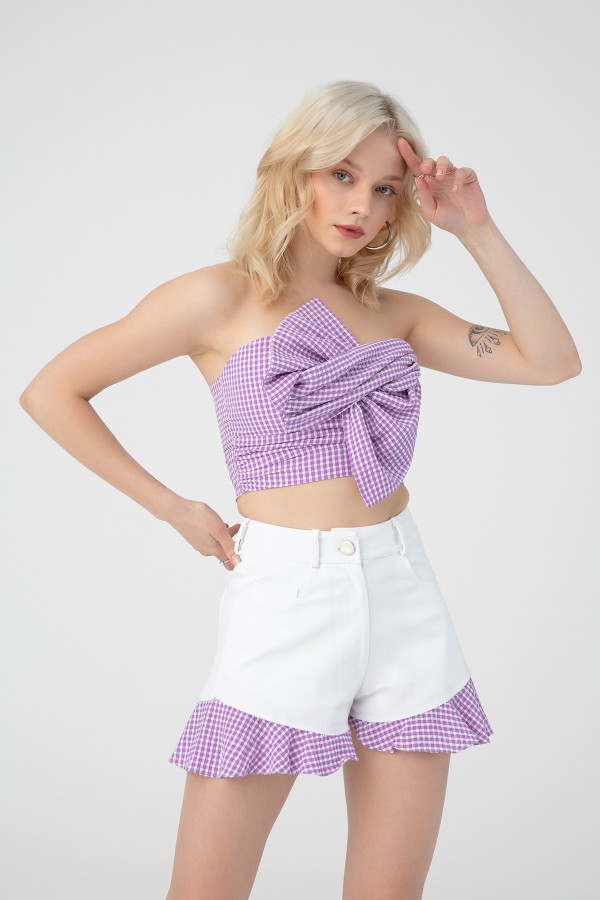 Lila karierter Crop-Top mit Schleifendetail vorne und elastischem Rücken - 2