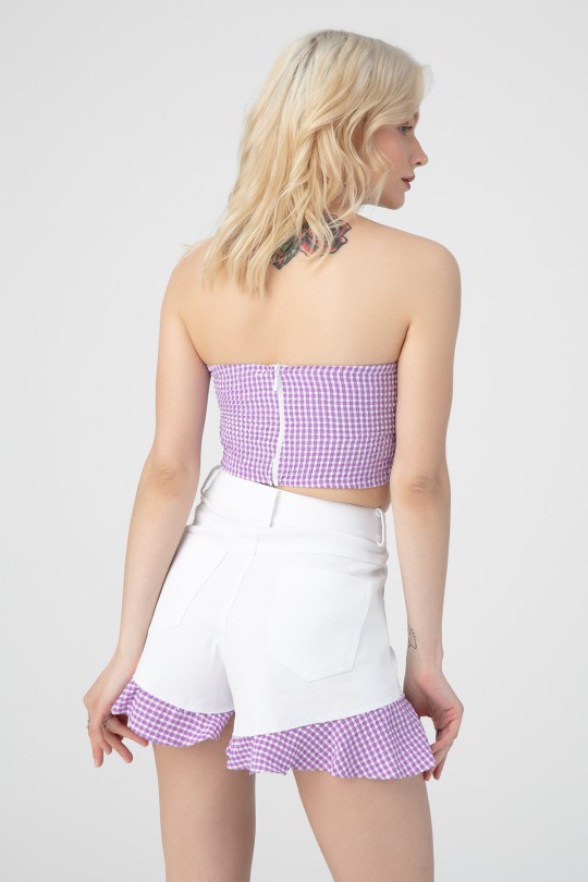Lila karierter Crop-Top mit Schleifendetail vorne und elastischem Rücken - 3