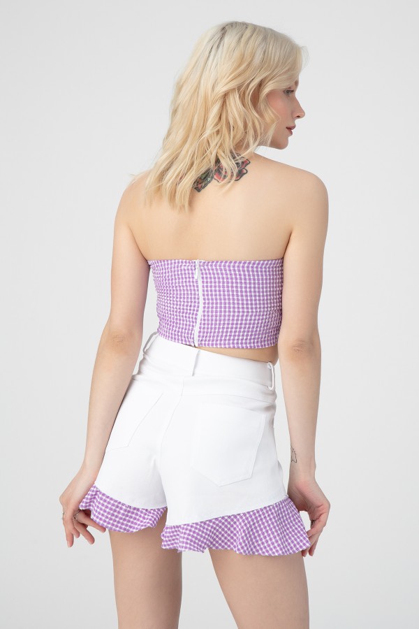 Lila karierter Crop-Top mit Schleifendetail vorne und elastischem Rücken - 3