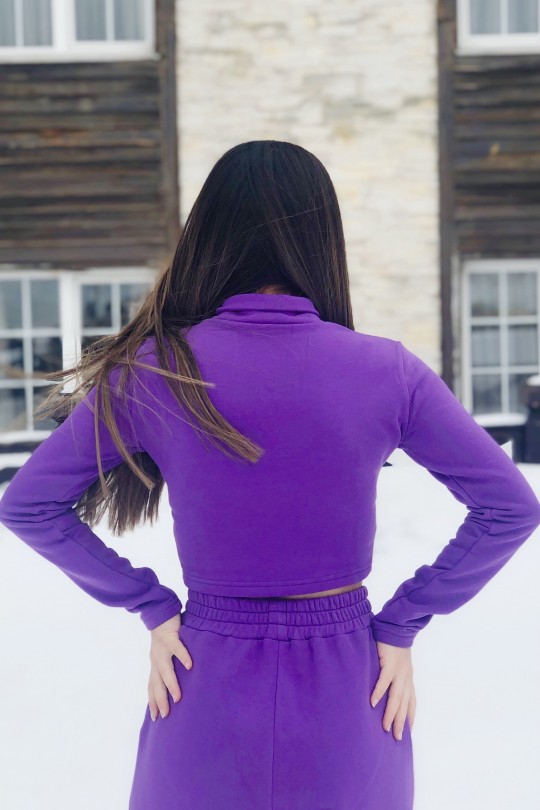 Lila kurzer Sweatshirt mit Frontreißverschluss - 5