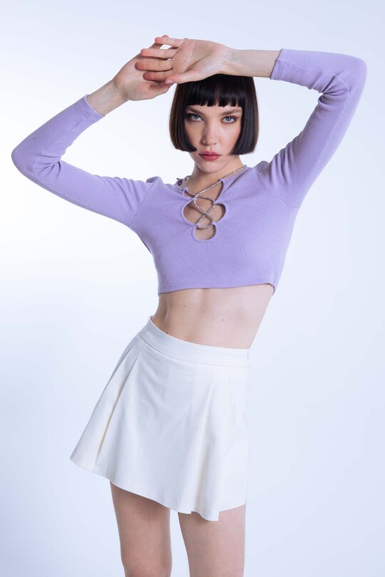 Lilac Crop Top with Stone-Embellished Collar 