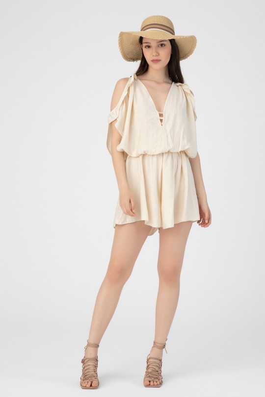 LINEN JUMPSUIT WITH BUST DETAILED SHORTS - Thumbnail